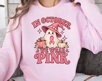 Gildan Ghost Sweatshirt,In October We Wear Pink,Breast Cancer Awareness,Halloween Hoodie,Cute Ghost,Pink Ribbon,Breast Cancer Gifts