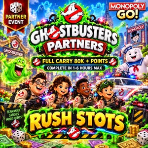 May include: A Monopoly Go Ghostbusters Partners event graphic featuring four characters in tan uniforms with proton packs, the Stay Puft Marshmallow Man, Slimer, and the Ecto-1 car. The text reads Ghostbusters Partners, Full Carry 80K + Points, and Rush Stots.