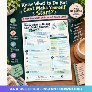 Può includere: Un foglio di lavoro digitale intitolato Know What to Do But Can't Make Yourself Start, che presenta cinque passaggi per superare la paralisi delle attività. Il documento include caselle di controllo, suggerimenti per identificare i blocchi motivazionali e un piano di salvataggio di 10 minuti nei formati A4 e US-Letter.