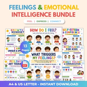 May include: A 13-page Feelings & Emotional Intelligence Bundle featuring educational posters for kids. Includes titles like Growth Mindset, How Do I Feel, Self-Esteem & Confidence, Mindfulness for Kids, and What Triggers My Feelings with colorful illustrations.