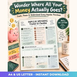 May include: An Impulse Spending Tracker and Checklist digital download sheet with sections for purchase logs, spending goals, and pattern finding. The document features text prompts, checkboxes, and a table, accompanied by a pink piggy bank and a mug.