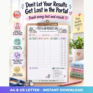 Puede incluir: Un registro de resultados de pruebas y laboratorio impreso en papel y sujeto a un portapapeles de madera. El formulario incluye secciones para nombres de pruebas, fechas, resultados y comentarios médicos, con iconos de salud, corazones y el texto Don't Let Your Results Get Lost in the Portal.