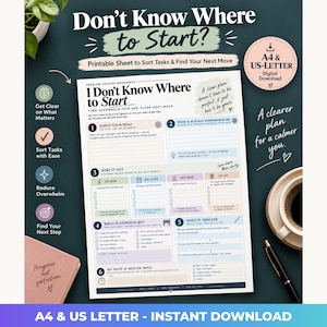 Puede incluir: Una hoja de trabajo imprimible titulada I Don't Know Where to Start, con seis secciones numeradas para la gestión de tareas, incluyendo Empty Your Head, Sort It Out y My Next 10-Minute Move, disponible en formatos digitales A4 y US-Letter.