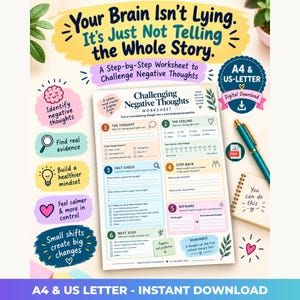 May include: A printable worksheet titled Challenging Negative Thoughts with six steps to reframe perspectives. The document includes sections for identifying thoughts, feelings, fact-checking, and next steps. It is a digital download in A4 and US-Letter sizes.