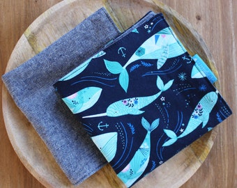 cloth napkin -whales and narwal - navy blue Essex linen - reusable cloth napkins for dinner or lunch - sustainable living