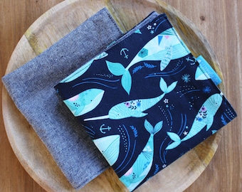 cloth napkin -whales and narwal - navy blue Essex linen - reusable cloth napkins for dinner or lunch - sustainable living