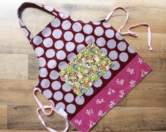 toddler or big Kids apron for craft, gardening or cooking  - purple dot and flowers