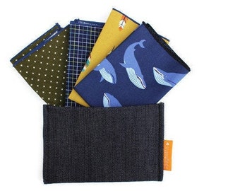 set of 4 hankies with travel pouch, reusable & washable tissues - whales mix + jeans pouch