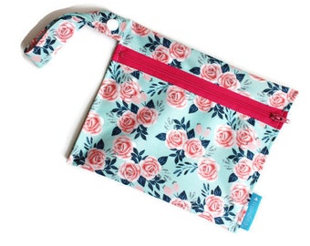 mini wet-bag for reusable snacks, cloth wipes, tissues, travel - florals , pink and mint