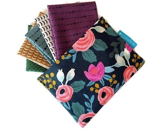 set of cotton hankies with travel pouch, reusable & washable tissues - flower pouch and moon hankies