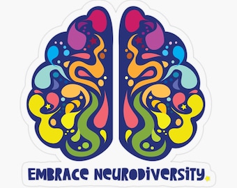 以下が含まれることがあります： 「Embrace Neurodiversity」というテキストの下に、カラフルな脳のイラストがあります。脳は、青、緑、黄、オレンジ、ピンク、赤の色合いの渦巻きと形からできています。
