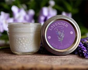 Lavender 4 oz soy wax candle with wooden wick gifts for teacher's, wedding favors, birthdays, stocking stuffer