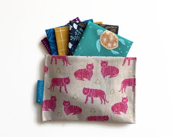 set of 5 hankies with travel pouch, reusable & washable tissues - marine life + pink tiger pouch