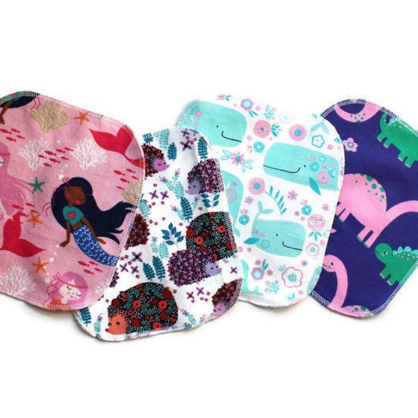 reusable cloth wipes set - whales, mermaids,  hedgehogs, dinos