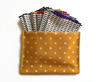 set of 5 hankies with travel pouch, reusable & washable tissues - moon crecent and yellow dots case