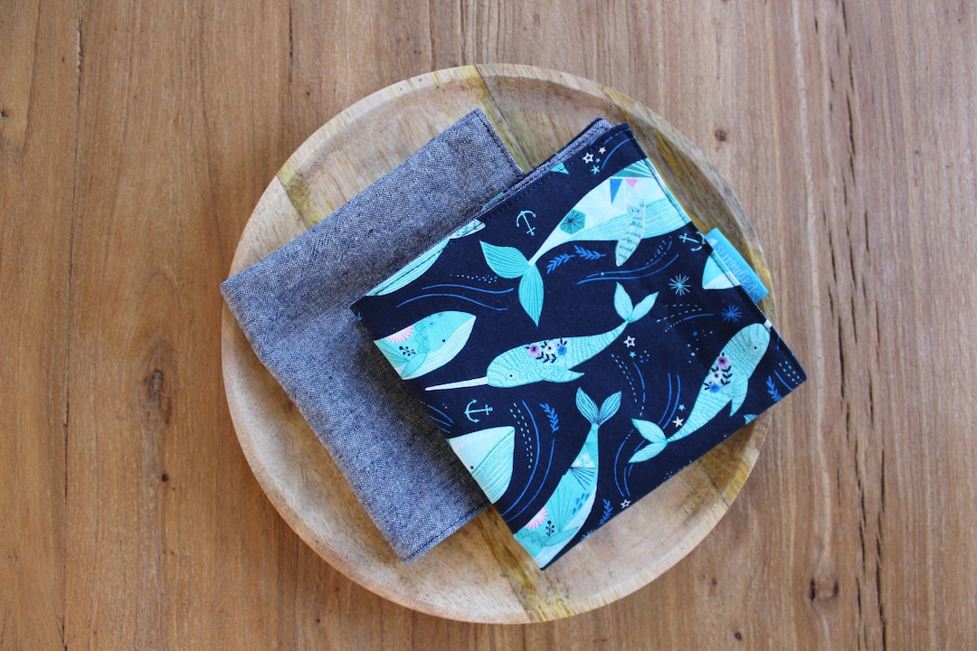 Cloth Napkin whales and Narwal Navy Blue Essex Linen Reusable Cloth