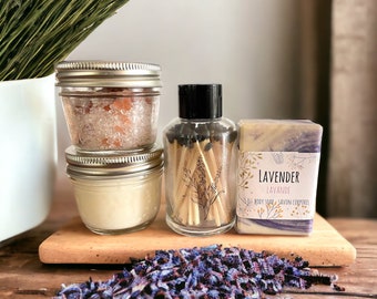 Lavender Candle gift set with bath salts, artisan soap and matches