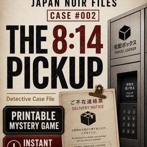 May include: A printable mystery game titled Japan Noir Files Case #002 The 8:14 Pickup. The graphic features a delivery notice clipped to a board next to a parcel locker. Text includes Detective Case File, Printable Mystery Game, and Instant Download.