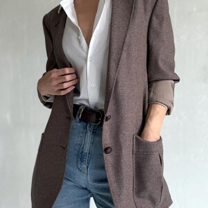 Vintage Brown Micro-Check Virgin Wool Blazer, Oversized Jacket, Viscose Lining