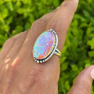 Orange Dichroic Glass Ring, Sterling Silver Beaded Oval Cabochon Statement Ring