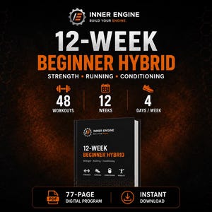 Puede incluir: Un programa digital de 77 páginas titulado 12-Week Beginner Hybrid. La portada negra presenta texto en naranja y blanco, un logotipo de engranaje e iconos de fuerza, carrera, acondicionamiento y movilidad para un periodo de 12 semanas.