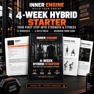 May include: A digital 4-week hybrid starter fitness program guide titled Inner Engine. The cover features text and silhouettes of two people in a gym. Included are pages detailing a 12-workout plan, exercise guides, and cardio school instructions.