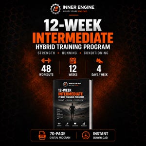 May include: A 70-page digital 12-week intermediate hybrid training program by Inner Engine. The guide features 48 workouts, 12 weeks of duration, and 4 days per week of training, focusing on strength, running, and conditioning for athletes.