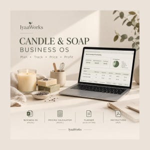May include: A digital business operating system for candle and soap makers, featuring a laptop displaying a batch costing and profitability spreadsheet, alongside a lit candle, soap bars, and icons for Excel, a calculator, a planner, and PDF instructions.