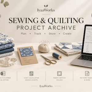 May include: A digital sewing and quilting project archive by IyaaWorks featuring a laptop displaying a project record, stacked blue floral fabrics, a measuring tape, a pincushion, scissors, a thread spool, and a fabric swatch card on a table.