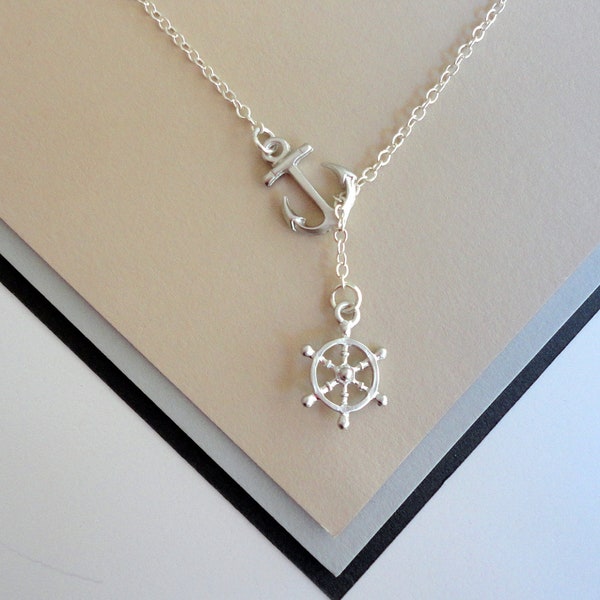 Silver Nautical Lariat Necklace with Anchor and Steering Wheel Pendants. Nautical Sailor Necklace.