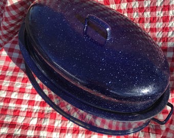 Assadeira de granito com tampa, azul salpicado, para pão de fermentação natural, grande, de qualidade vintage.