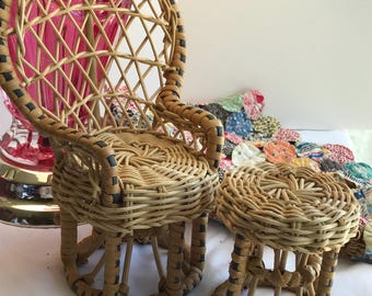 Vintage Doll Peacock Wicker Throne Chair and Ottoman 1:6 scale Rattan