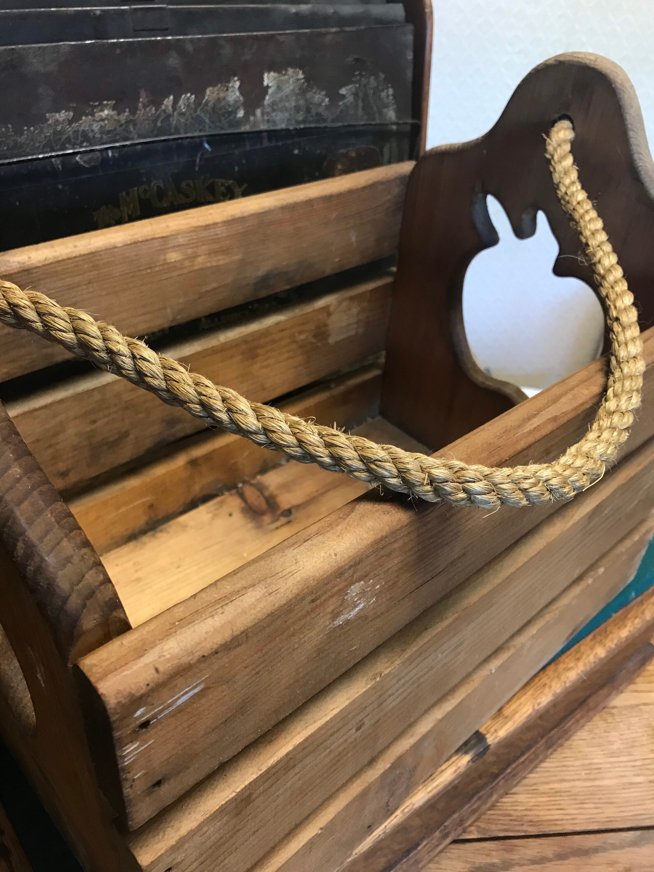 Vintage Heavy Wood Box With Apple Design Rope Handles - Etsy