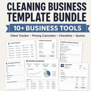 May include: A digital cleaning business template bundle featuring over ten tools including a client tracker, pricing calculator, checklists, quotes, customer intake form, and business dashboard with charts, all displayed on a light background.