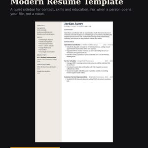May include: A modern resume template featuring a two-column layout with a light beige sidebar for contact, skills, and education details, and a white main section for summary and experience. The document includes placeholder text for Jordan Avery.