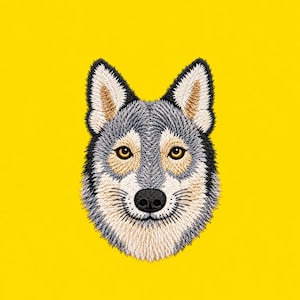 Puede incluir: Un parche bordado que muestra la cabeza de un lobo con pelaje gris, blanco y beige. El lobo tiene orejas puntiagudas, ojos de color ámbar y una nariz negra, todo representado con costuras detalladas sobre un fondo amarillo brillante.