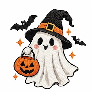 Halloween Ghost Embroidery Design, Cute Ghost with Witch Hat Pumpkin Machine File, Spooky Fall Bat Stitch Pattern, PES DST Digital Download