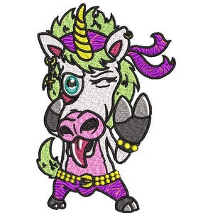 May include: An embroidered patch featuring a white unicorn with a green mane, a yellow horn, and a purple headband. The unicorn has a pink snout, a tongue sticking out, and wears purple zebra-print pants with a gold studded belt and black gloves.