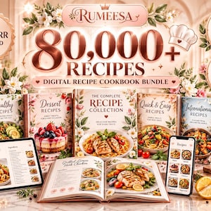 May include: A digital recipe cookbook bundle featuring 80,000+ recipes, including multiple physical cookbooks with titles like Healthy, Dessert, and Pizza Recipes, a tablet displaying Creamy Garlic Pasta, and a smartphone showing a recipe menu.