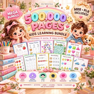 Puede incluir: Un paquete de aprendizaje digital para niños con más de 500,000 páginas de hojas de trabajo, actividades, juegos, colorear, caligrafía y tarjetas didácticas. La imagen incluye ilustraciones de dos niños, un cachorro y libros apilados.