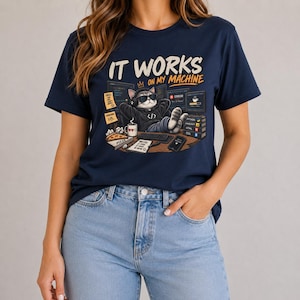Camiseta divertida de gato programador: ¡Funciona en mi máquina! Camiseta de desarrollador de programación.