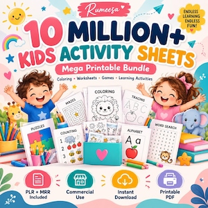 May include: A digital product advertisement titled 10 MILLION+ KIDS ACTIVITY SHEETS Mega Printable Bundle. It features illustrations of two children, a giraffe, and an elephant, surrounded by various activity sheets like mazes, colouring, and puzzles.
