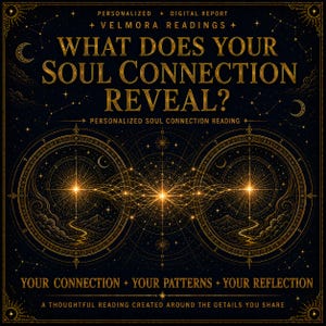 May include: A dark navy digital report cover titled WHAT DOES YOUR SOUL CONNECTION REVEAL? featuring gold celestial illustrations of two circular star maps connected by a glowing light bridge, with text reading VELMORA READINGS and YOUR CONNECTION + YOUR PATTERNS + YOUR REFLECTION.