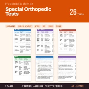 Op de afbeelding: Een PT-kinesiologie studiehulp met 26 speciale orthopedische tests verdeeld over 7 pagina's. Het document bevat tabellen voor schouder-, elleboog-, pols-, ruggengraat-, heup-, knie- en enkelbeoordelingen met testnamen en wat elke test beoordeelt.