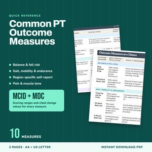 Könnte beinhalten: Ein digitaler Leitfaden mit dem Titel Common PT Outcome Measures auf dunkelgrünem Hintergrund. Er zeigt zwei überlappende Seiten mit Tabellen für physiotherapeutische Beurteilungen, darunter die Berg Balance Scale und den Timed Up and Go Test.