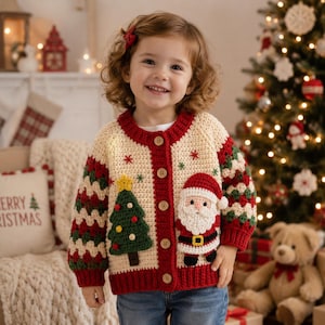 May include: A cream-coloured crochet cardigan featuring a red button-down front, long sleeves with red and green granny square patterns, and festive appliqués including a green Christmas tree and a Santa Claus figure on the front panels.