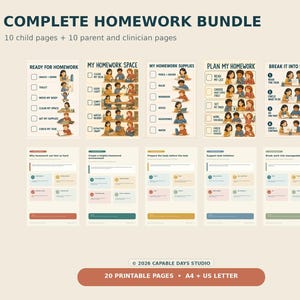 May include: A complete homework bundle featuring 20 printable pages in A4 and US Letter sizes. The set includes 10 child pages with illustrated checklists and 10 parent and clinician pages with structured guidance for managing homework tasks.
