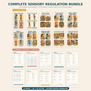 May include: A complete sensory regulation bundle featuring 20 printable visual supports. The set includes 10 child-friendly pages with illustrated activities and 10 pages for parents, teachers, and clinicians, all available as an instant digital download.