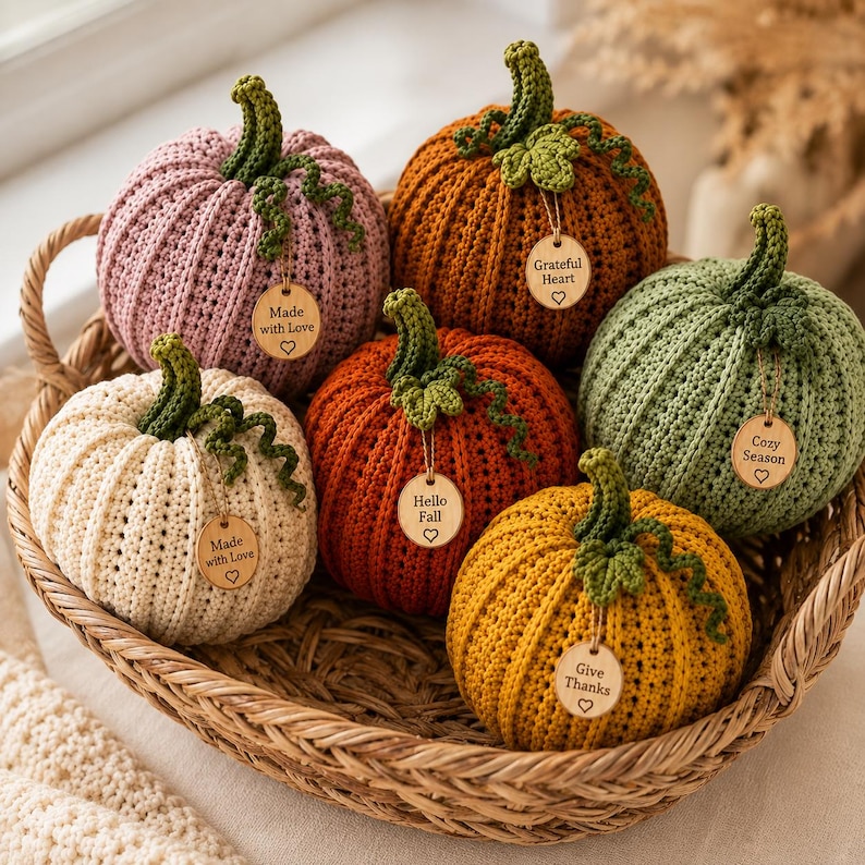 Handmade set of six ribbed crochet pumpkins in dusty pink, burnt orange, sage green, cream, red-orange, and mustard yellow, each with a curved moss green stem, curly vine tendril, and a small wooden charm tag, styled on a fringed canvas runner with autumn leaves and a lit candle.