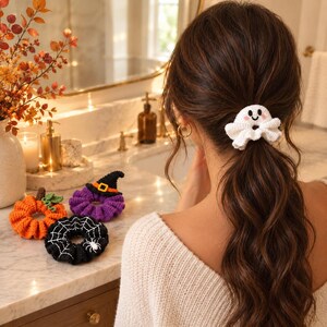 Halloween crochet scrunchie pattern bundle with pumpkin, ghost, spiderweb, and witch hat designs, PDF digital download